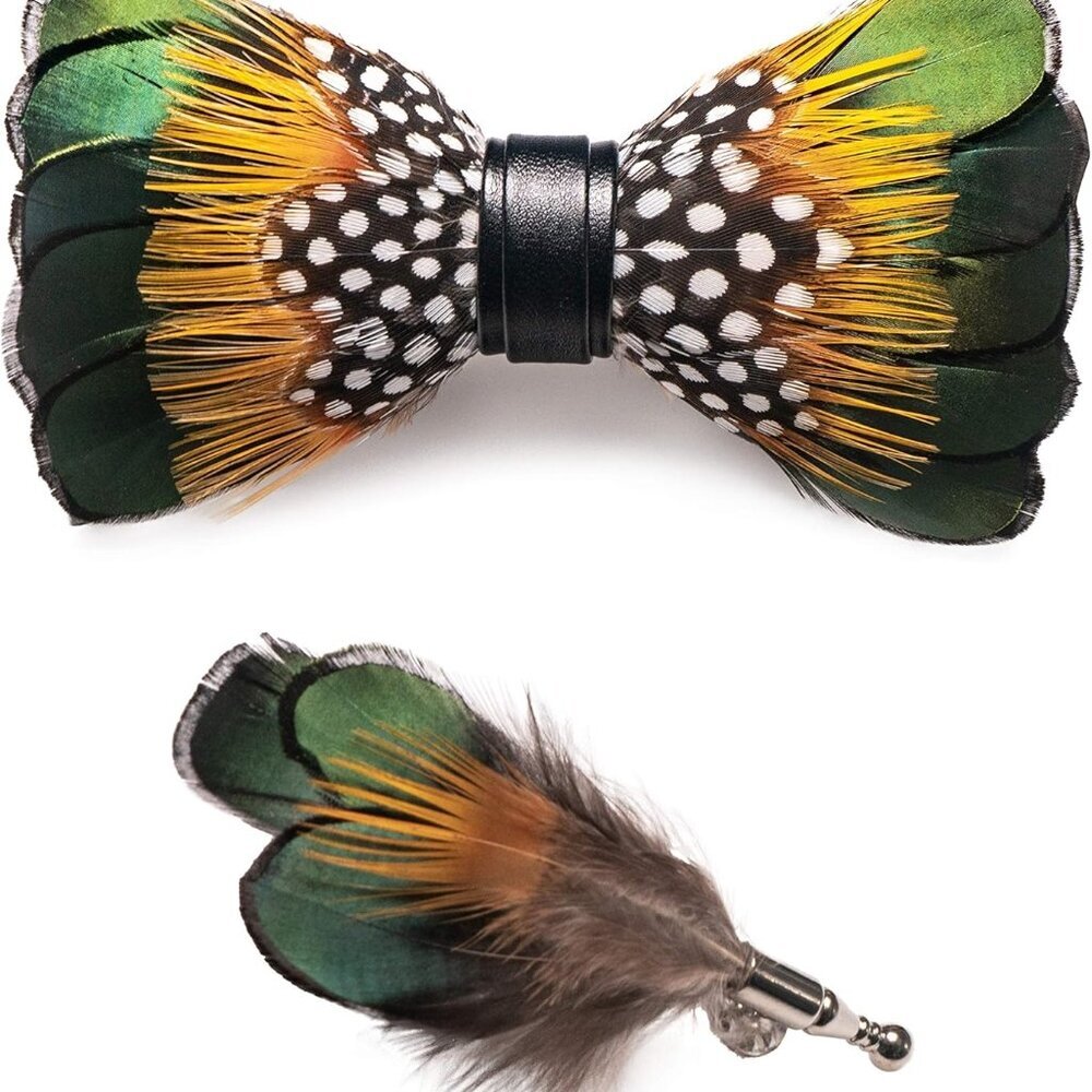 Handmade Feather Pre-tied Bow tie and Brooch Sets for Men